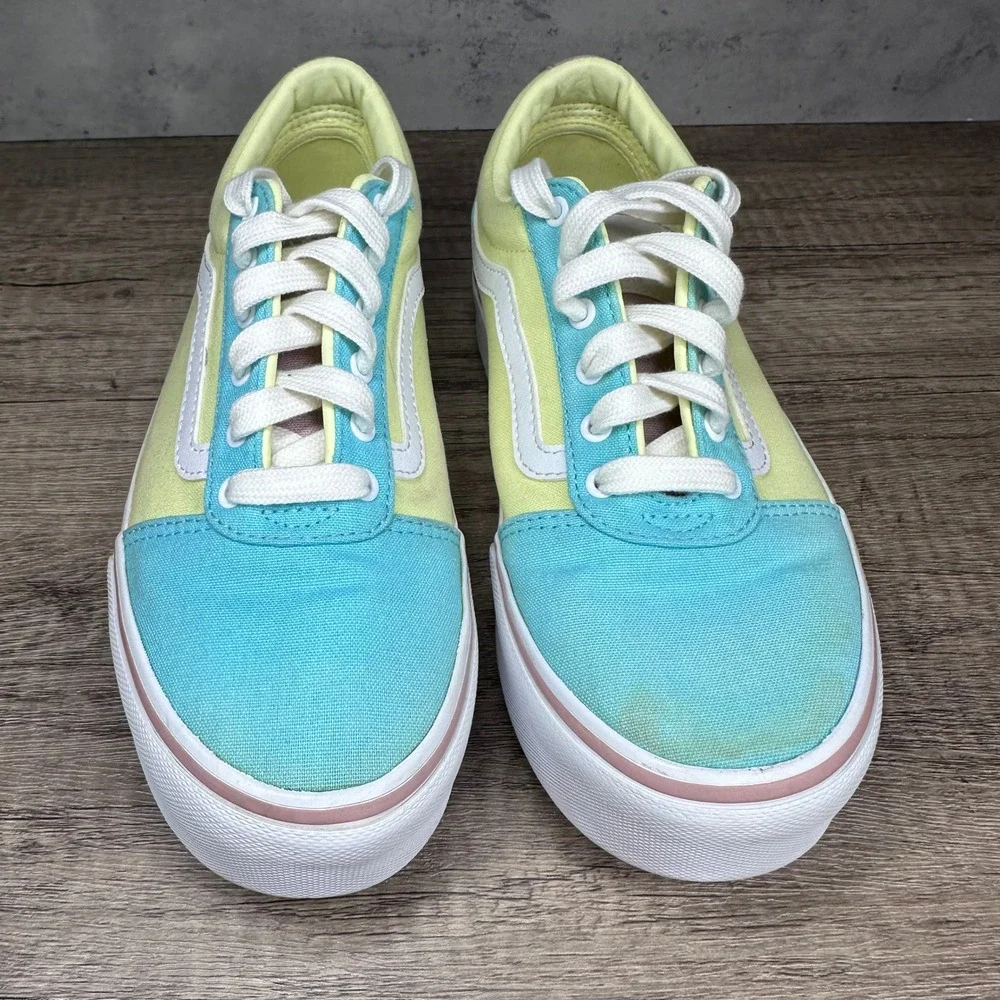 Vans~Girl's~Ward Low Colorblock Teal/Yellow/Pink Canvas Sneakers~Size 4